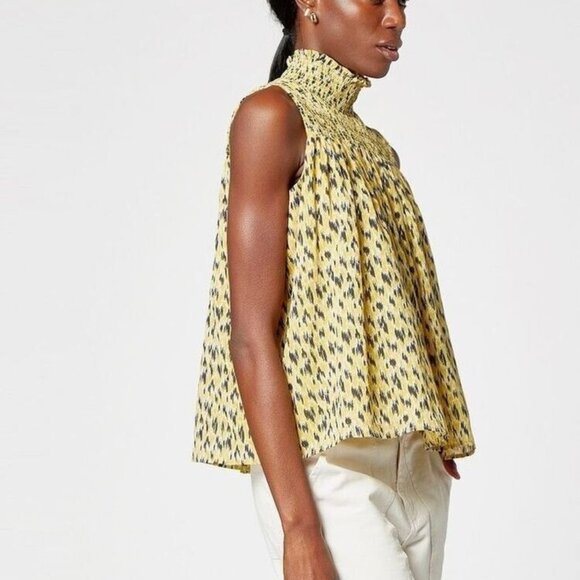 Joie Mika Smocked Mock Neck Sleeveless Top in Soft Citrus Yellow/BlackPr… - Picture 1 of 11